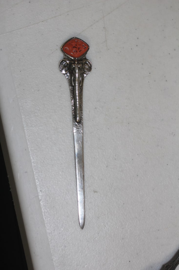 Sterling Silver and Coral Letter Opener: elephant motied - 5 5/8" long