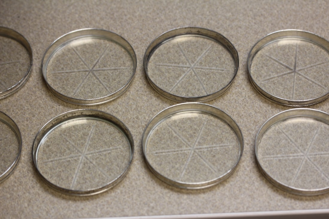 Set of 8 Sterling Rimmed Glass Coasters: etched glass - marked sterling - 3 inches in diameter