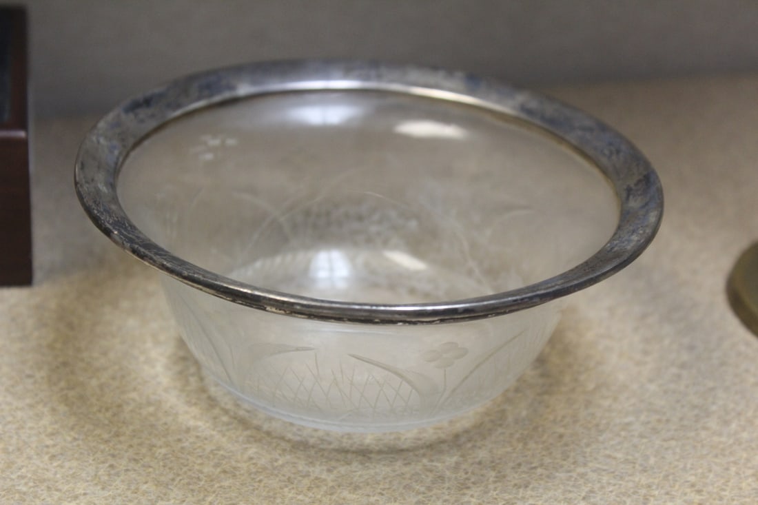 Sterling Rim Etched Glass Bowl: 5 3/8" in diameter