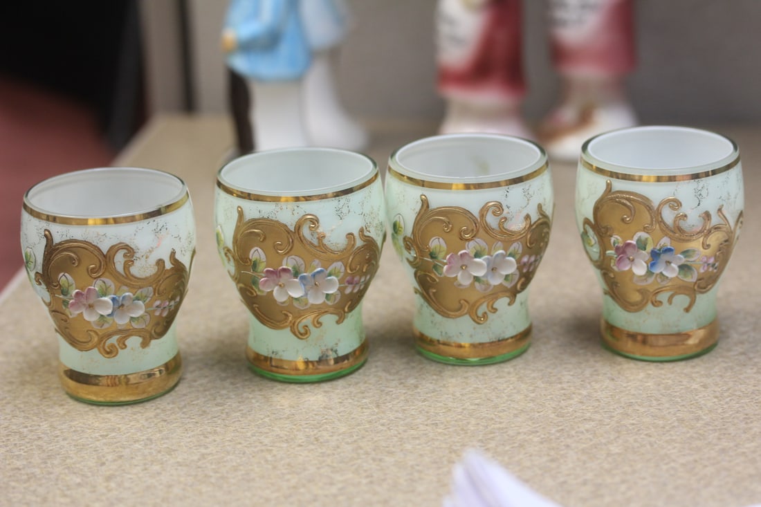 Set of 4 Enamel Glass Cups: with flowers - 2 1/2" tall each