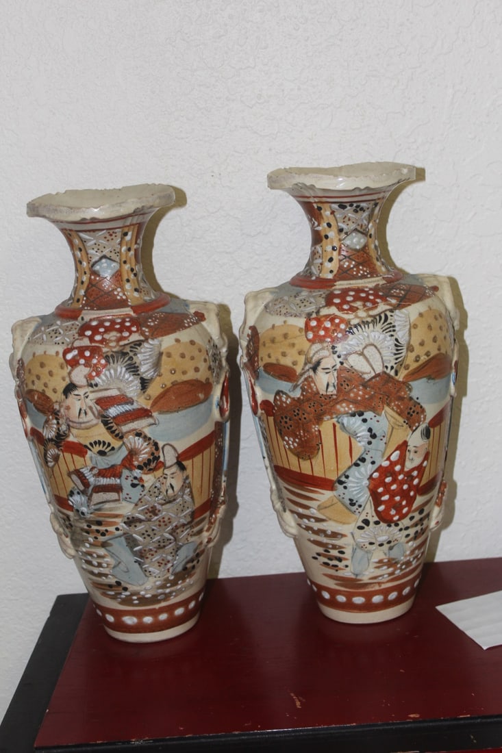 Pair of japanese Satsuma Vases: early 20th century - 12 3/8" tall - please note: minor roughness on rim as shown - signed