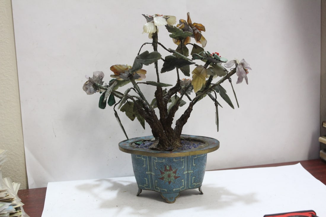 A Vintage/Antique Chinese Jade or Quartz Flower: on cloisonne pot - approximately 9 1/2" wide
