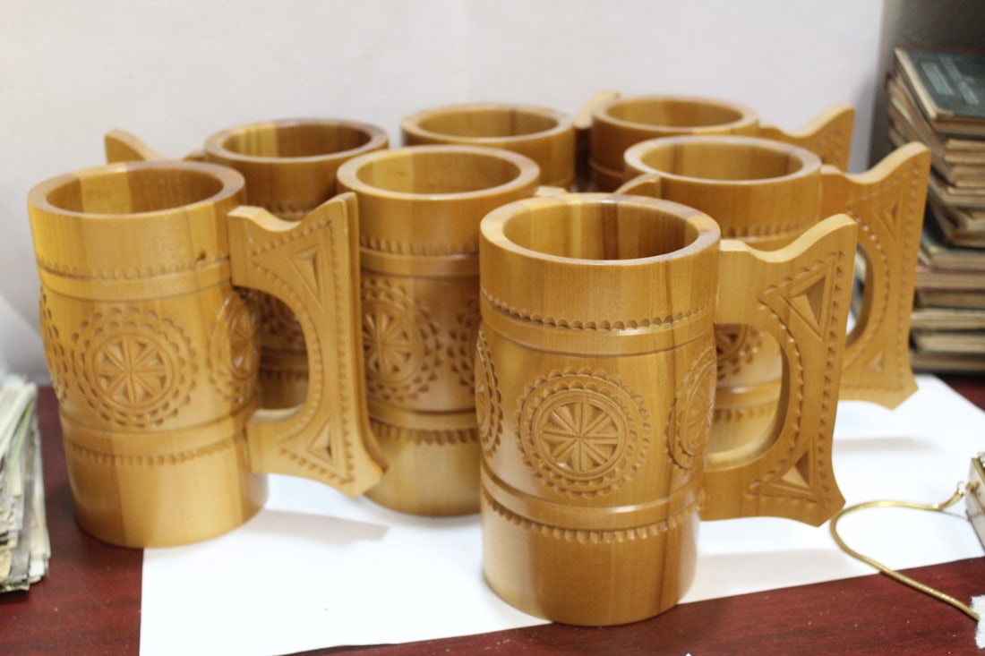 Lot of 7 USSR or Russian Carved Wooden Mugs: 6" tall each