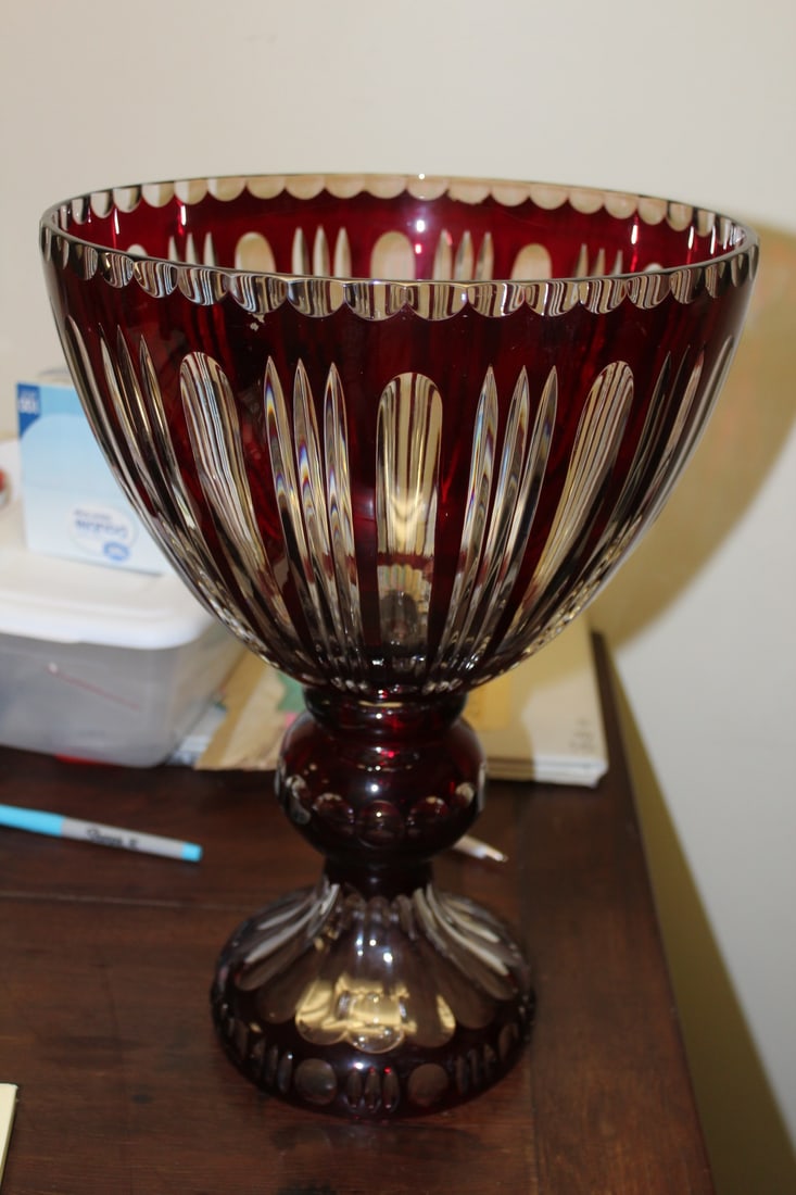 A Huge Bohemian Ruby Red Cut Glass Bowl: 16 1/2" tall by 10" wide