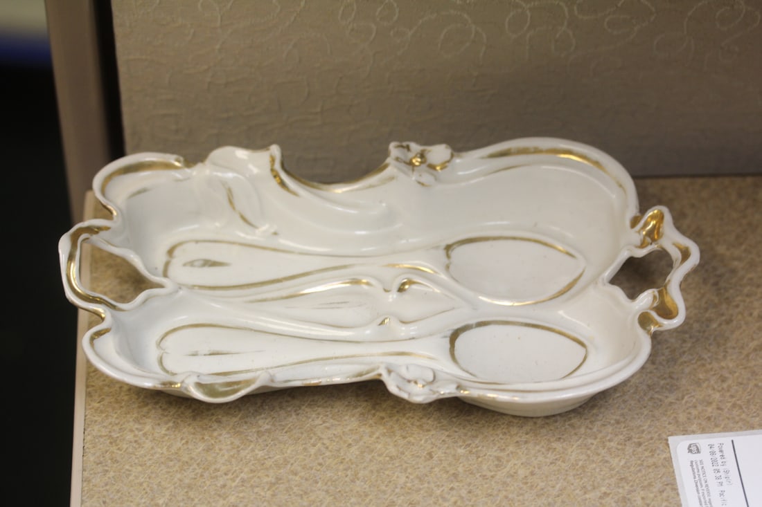 Ceramic Vegetable Dish: two handles - measures 7 3/8" long from handle to handle - please note: one small chip on the flower as shown