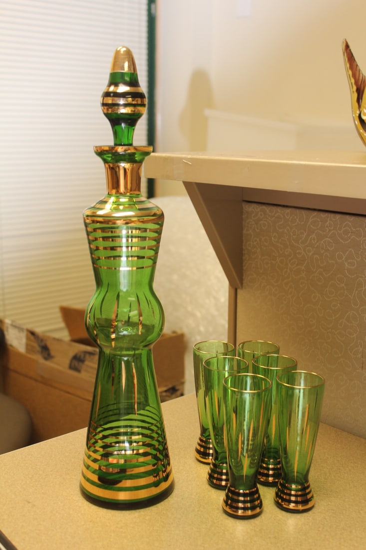 Retro Glass Decanter and Six Tumblers: decanter= 17" tall