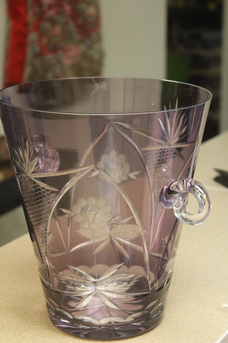 Amethyst Cut Glass Ice Bucket: 9 1/2" tall x 8 1/2" wide