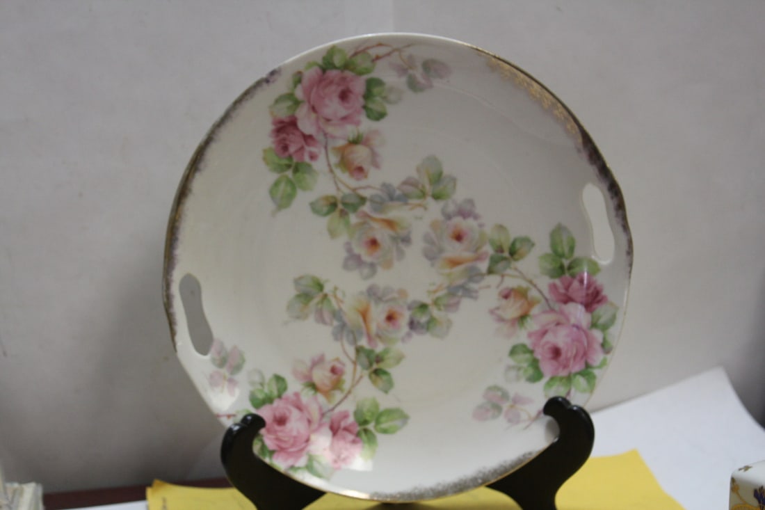 An Antique Rose Plate: with two handles - 9 3/8" in diameter