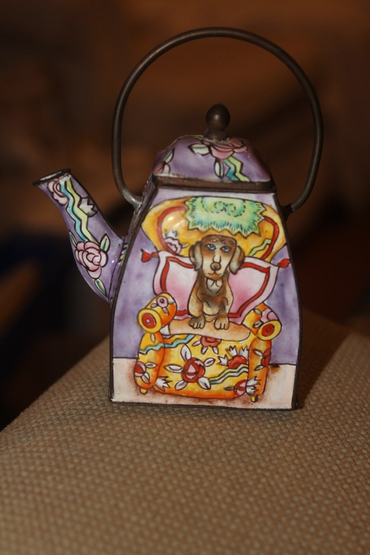 Enamel on Copper Teapot: 4 1/4" tall in overall