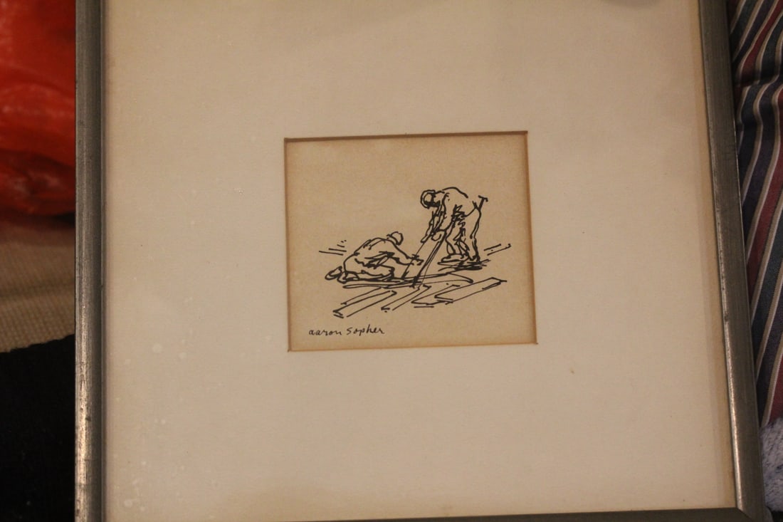 Framed Ink Wash by Aaron Sopher: overall= 9 7/8" x 9 1/4" - sight= 3 3/8" x 3"