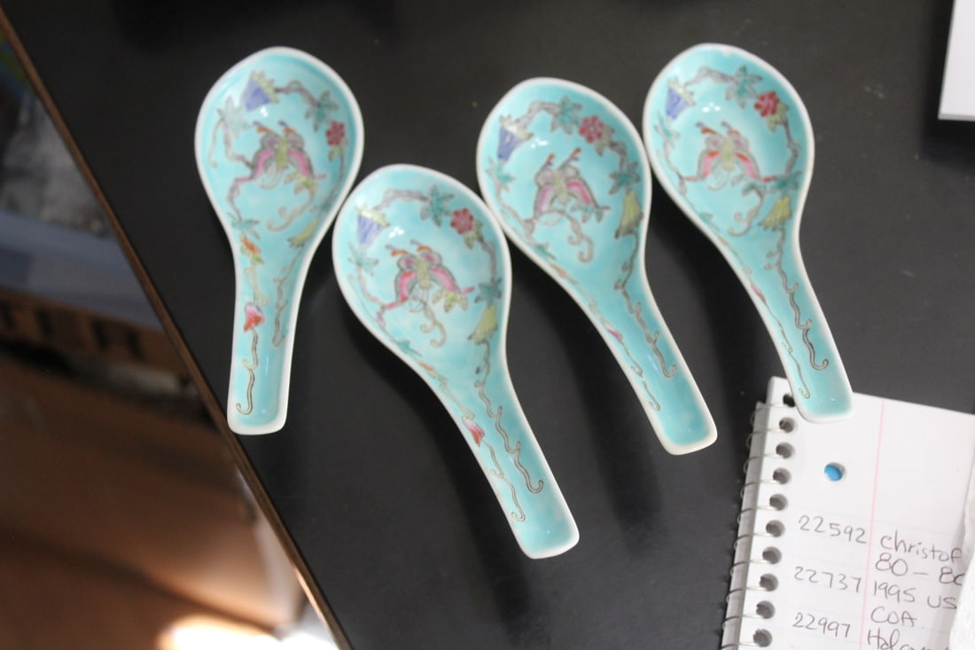 Set of 4 Chinese Torquoise Spoons: butterfly torquoise porcelain spoons - 5 1/2" long each