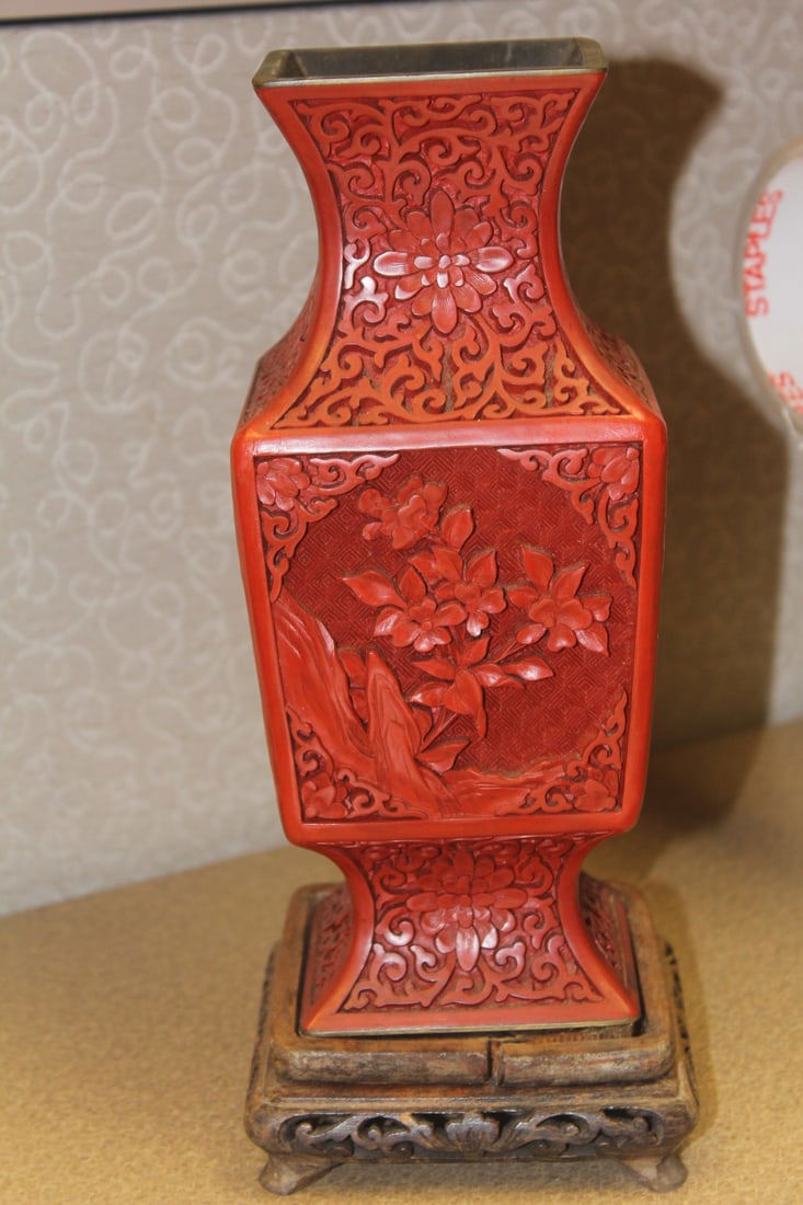 Vintage Chinese Cinnabar Vase: or cinnabar style - with stand - Gu shape - vase only=9" tall