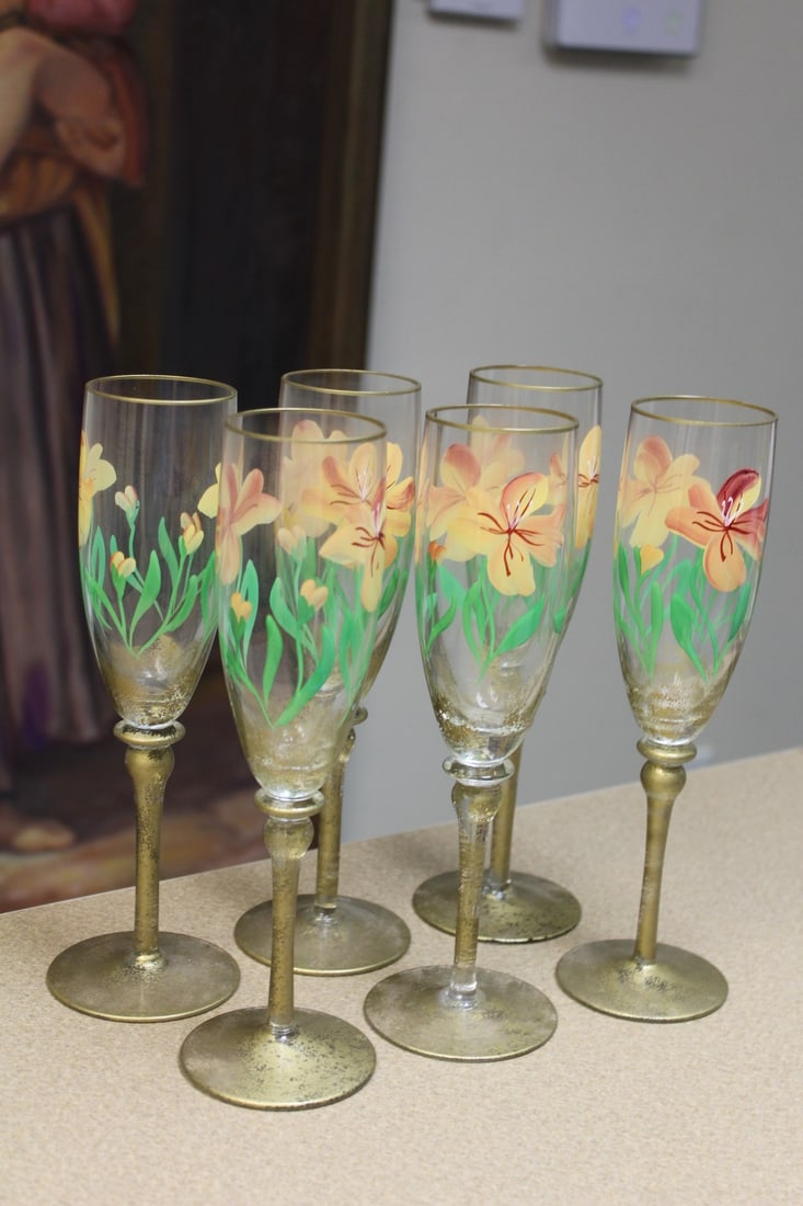 Set of 6 Decorative Painted Goblets: 9 1/2" tall