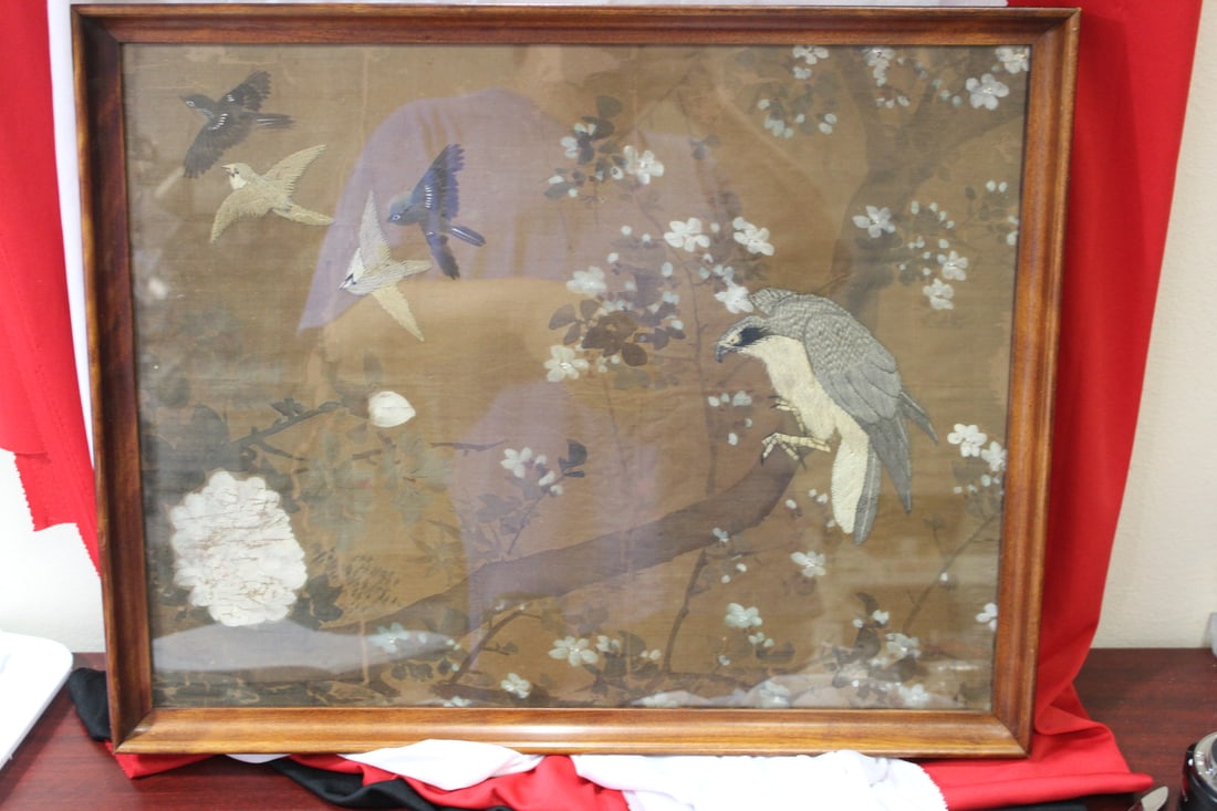 An Antique Silk and Pastel with Needle Point: Chinese, Japanese or possibly Korean - most likely 19th century - please note: worn, loss nad separations - overall= 21 1/2" x 17"