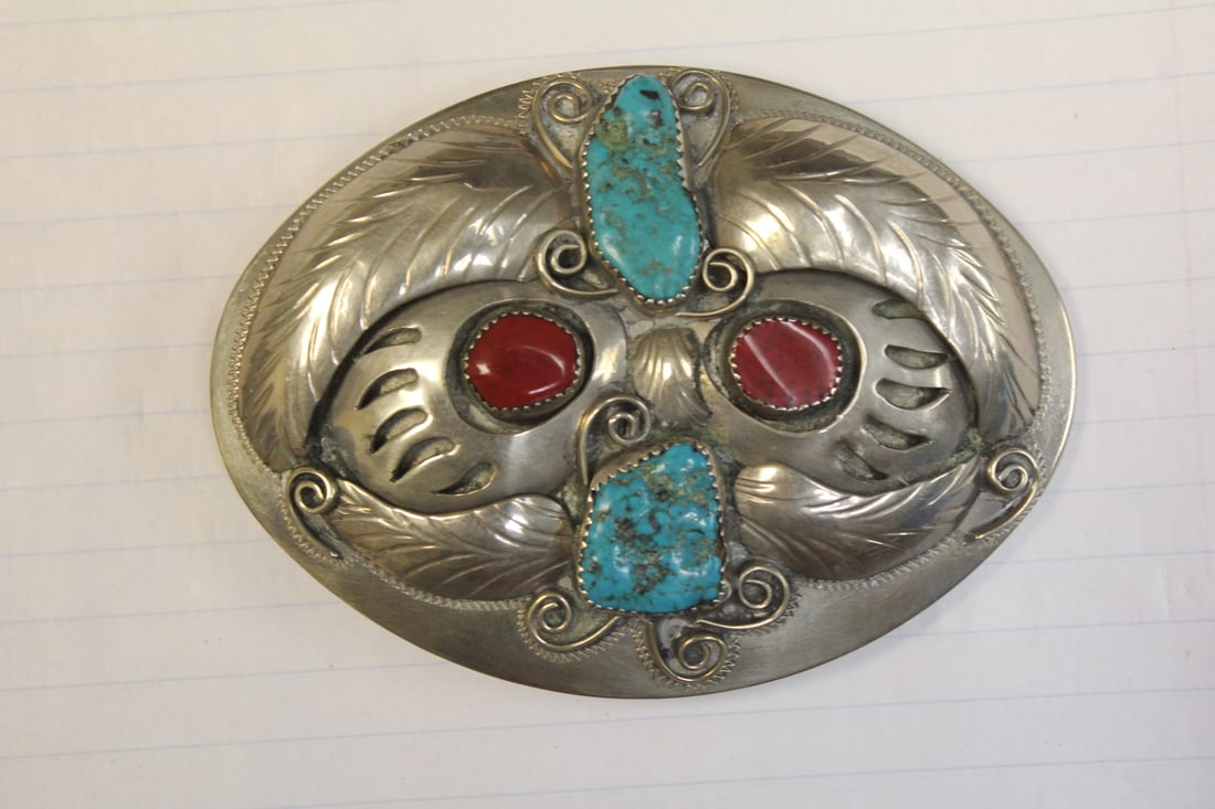 Southwestern Sterling and Turquoise Belt Buckle: indian? - 3 1/2" across