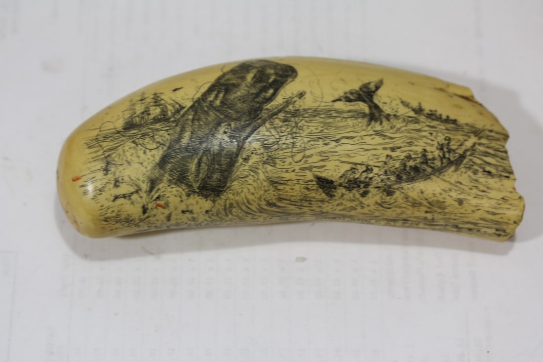 A Resin Scrimshaw: inscripted "NWM Artek Whaling Museum" New Bedford - 7" long