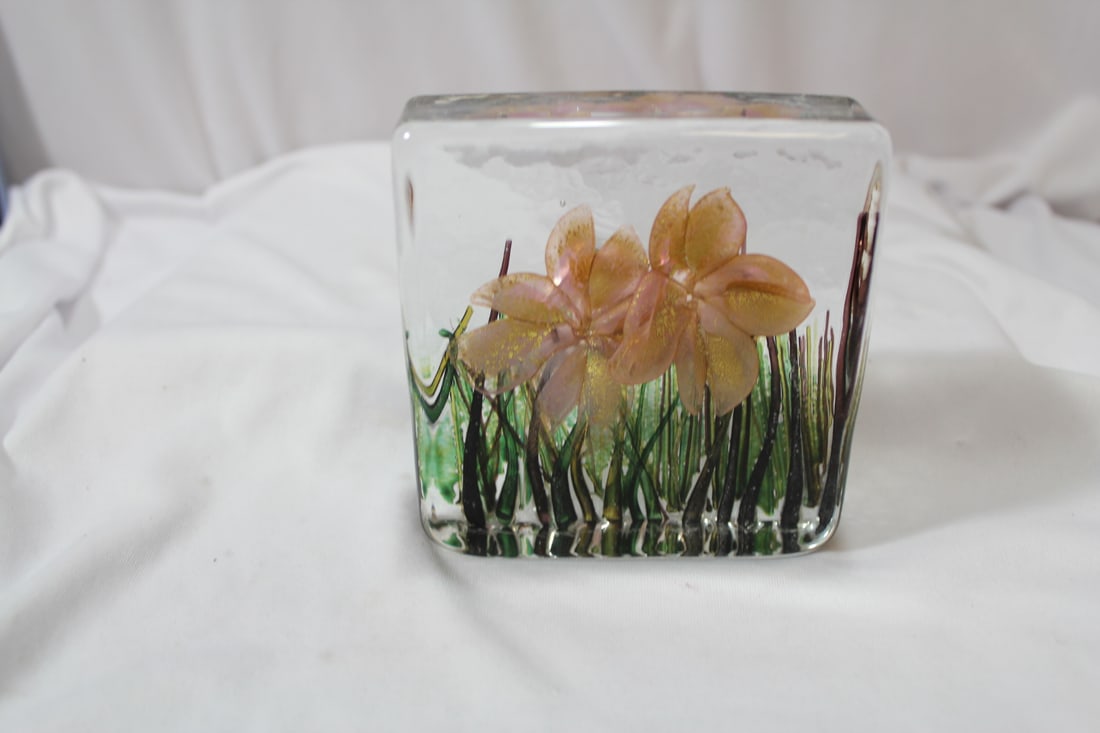 A Signed and Dated Art Glass Block: 3 7/8" square