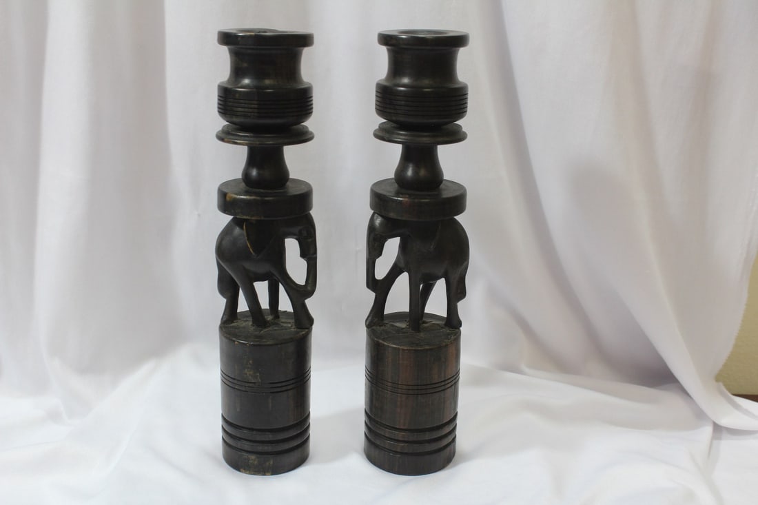 A Pair of Exotic Wood Elephant Candlesticks: 10 3/8" tall
