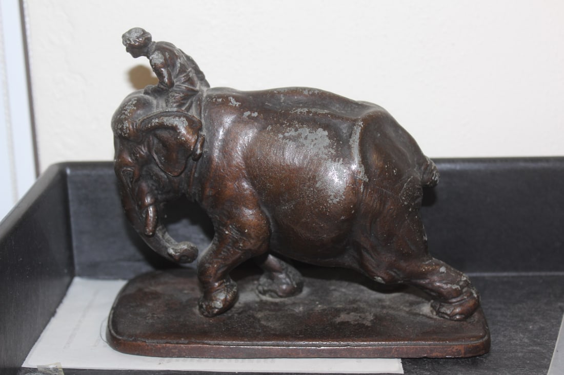 Vintage Metal Elephant with Rider: 6 1/8" across