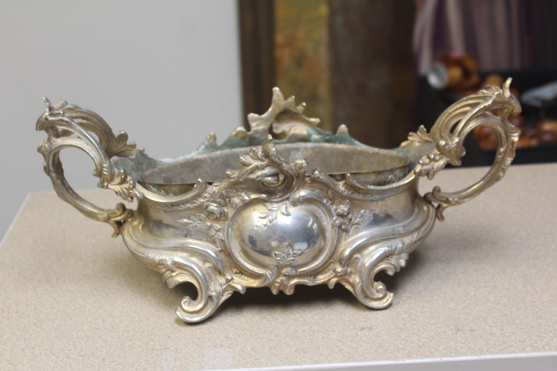 Silverplate art Nuveau two handle bowl: with liner, handle to handle= 14 1/4" long