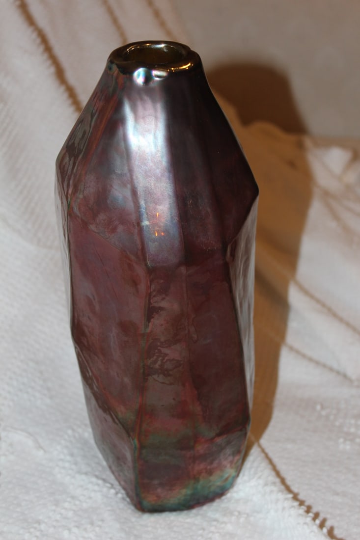 Geometric Iridescent Art Glass Vase: 12 1/2" tall