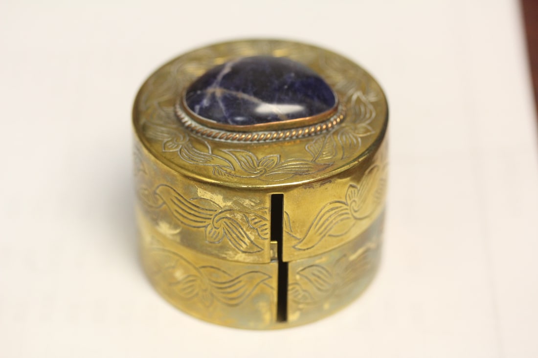 A Vintage Chinese Trinket Box: possibly lapis lazuli? Brass trinket box - 2 inches in diameter