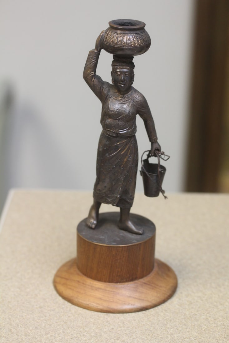 Indonesia? Bronze Lady Worker on Wooden Stand: 8 1/4" tall - vintage