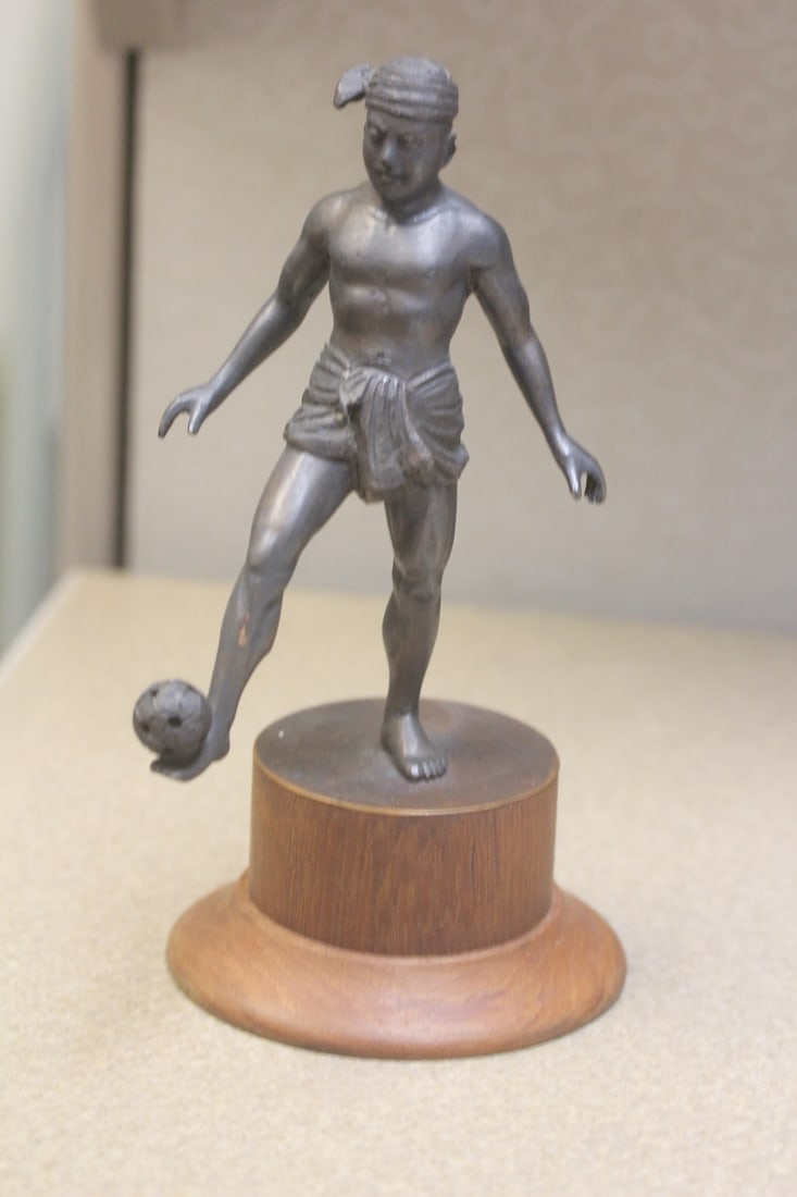 Indonesia? Bronze Soccer Player on Wooden Stand: 7 3/4" tall - vintage