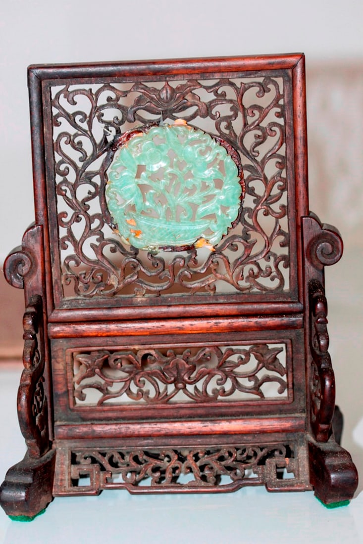 Antique Chinese 19th Century Jade Screen: Exceptional piece in vintage condition. 7 5/8" tall x 5 3/4" wide. Jade measures 2 1/8" in diameter.Missing one apron on wooden screen. There is loss on the bottom part of the jade. Glue residue