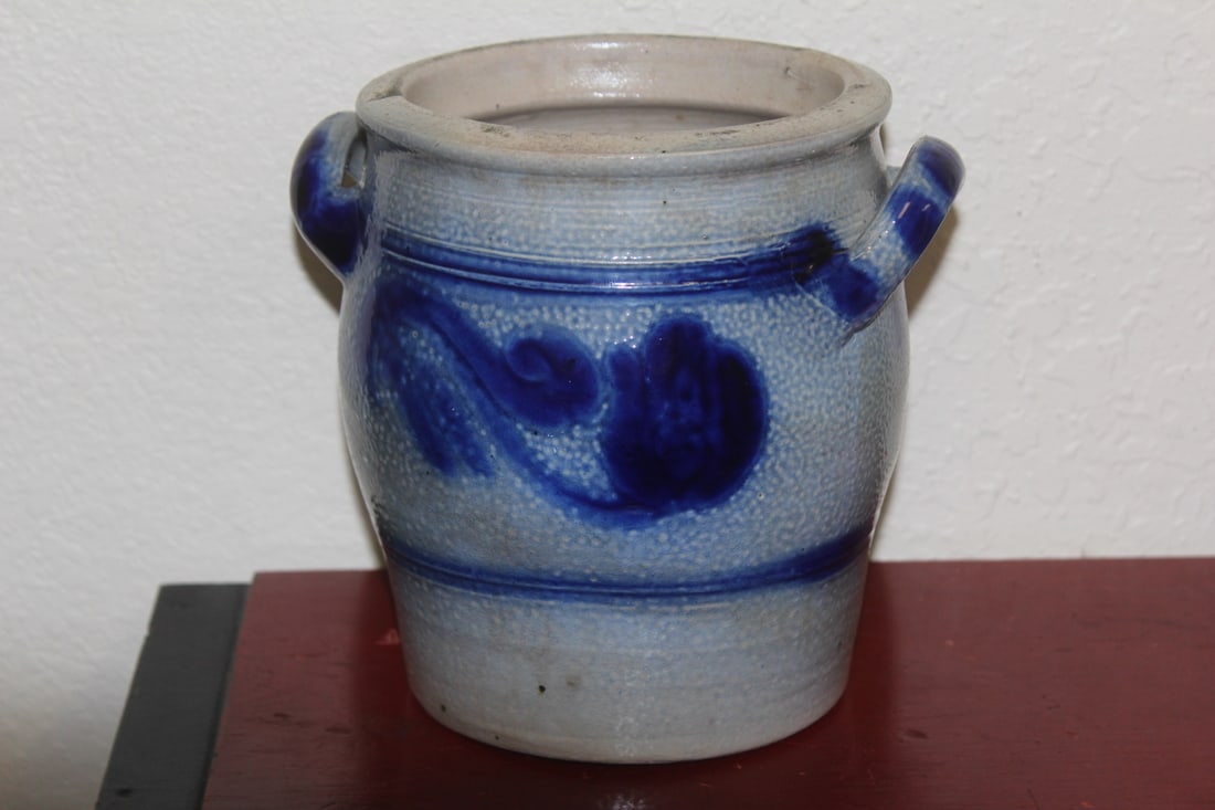Contemporary Blue and White Stoneware Jug: with two handles - 6 3/4" tall