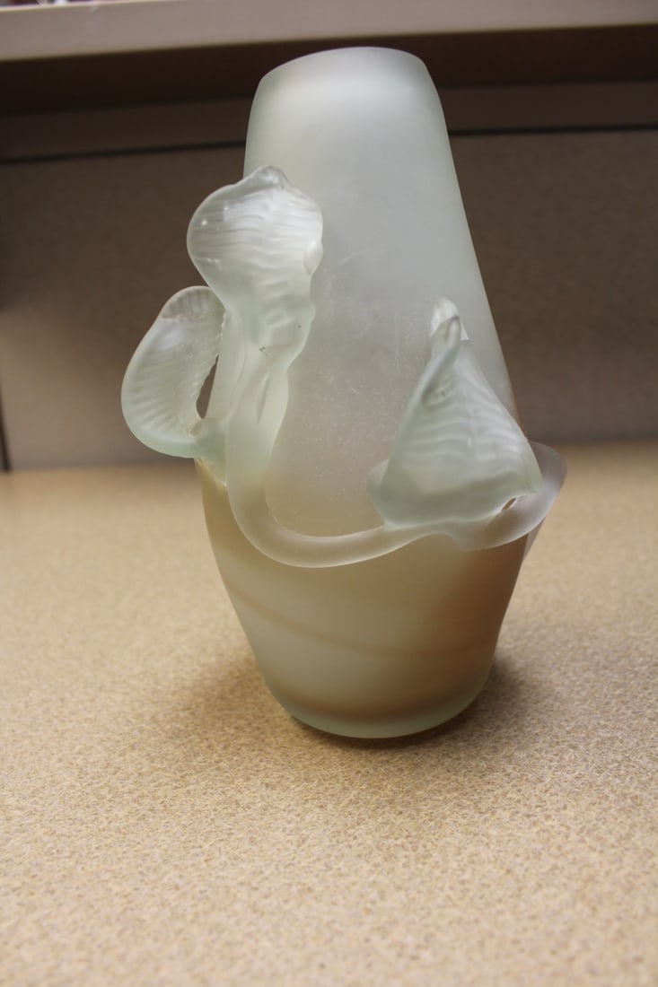 Art Glass Vase: please note: one internal crack as shown, most likely from the making - boxed - 8" tall