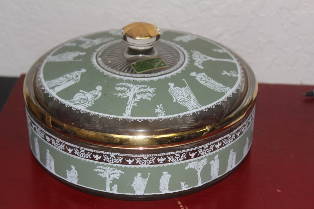 Greek Design Glass Container: with lid - mid-century, modern - 6 3/4" in diameter