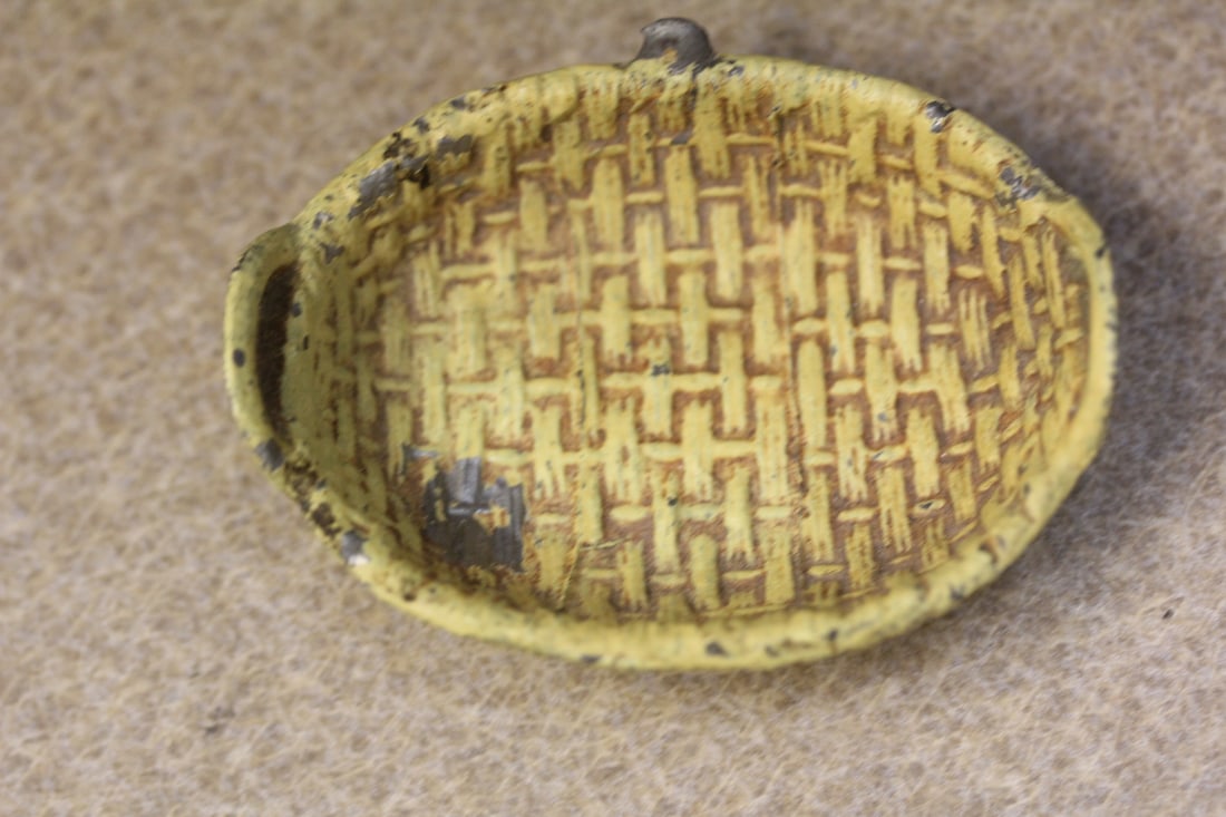 Miniature Cast Iron Basket: please note: worn - with handles - 2 7/8" across