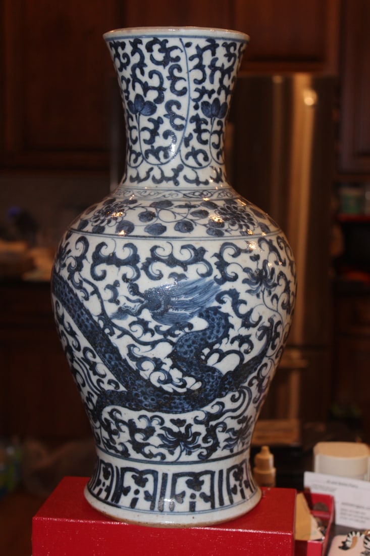 Chinese Blue and White Dragon Vase: appeared to be old , however, exact age unknown - 16" tall