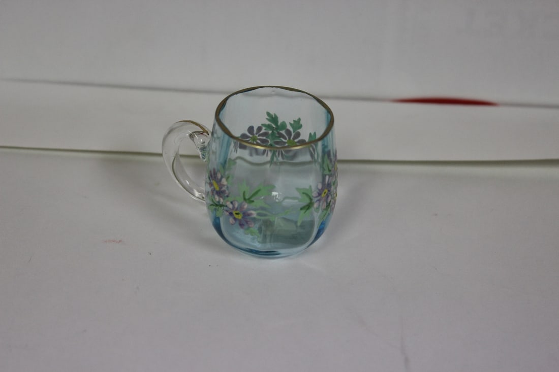 A Miniature Teal Coloured Glass Cup: handpainted - 1 5/8" tall