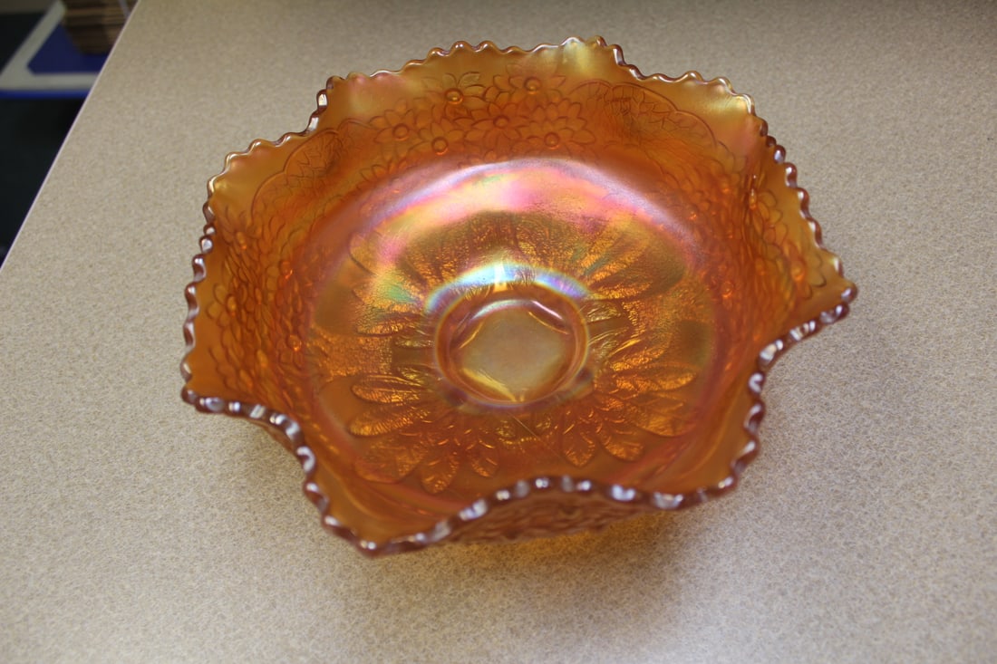 Carnival Glass Footed Bowl: orange tree pattern - 9 1/2" in diameter