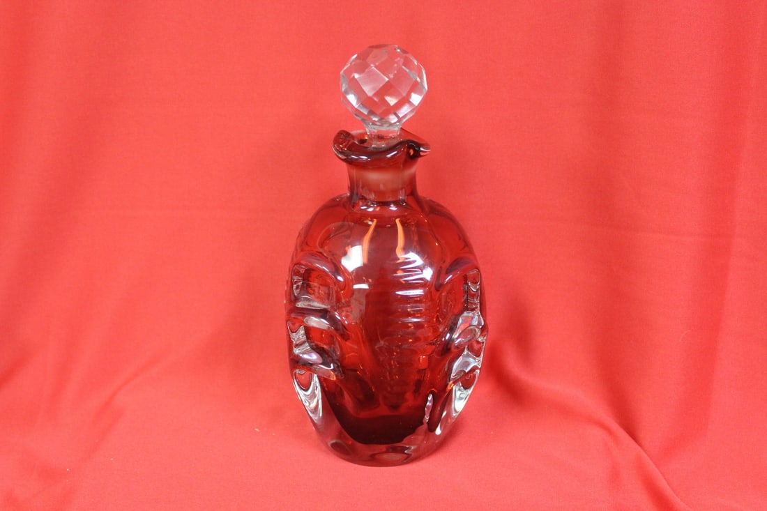 A Ruby Red Glass Decanter: 8" tall