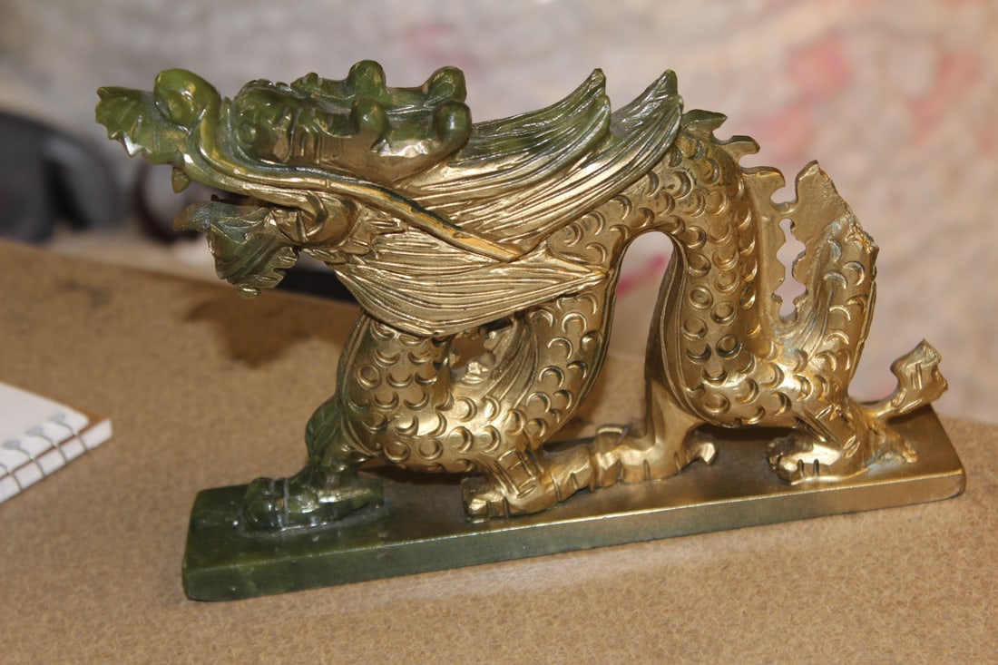 Jade or Hardstone Dragon: spray painted into gold colour - 7 1/2" long