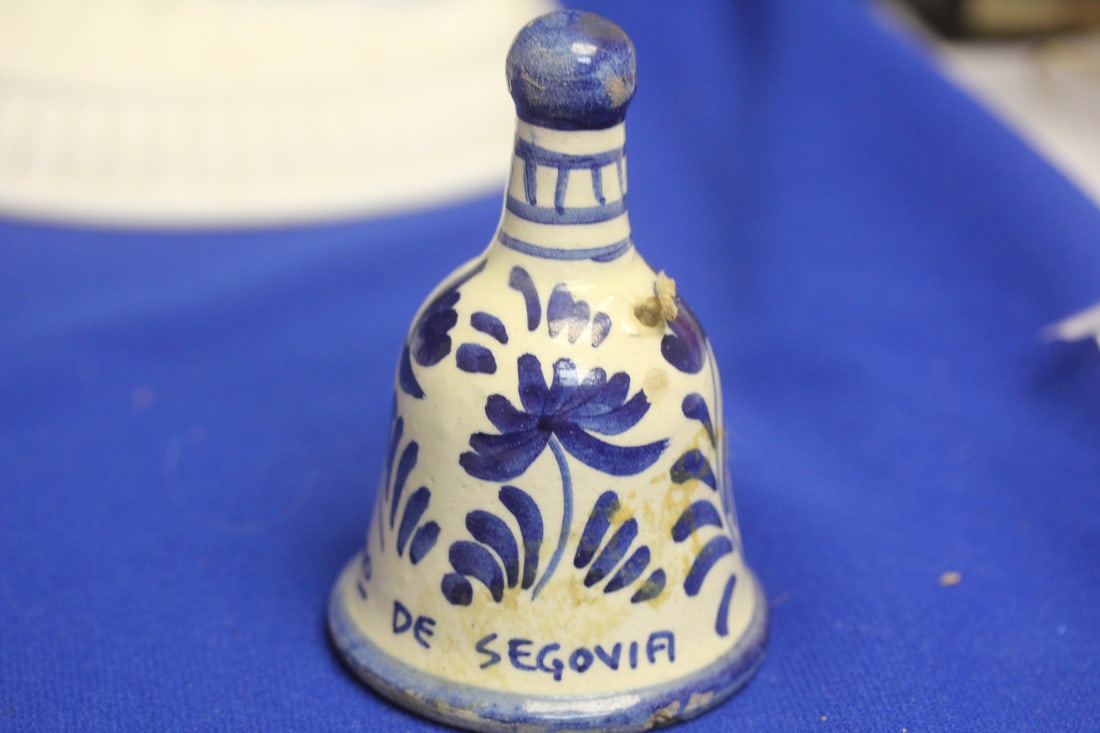 A Segovia Blue and White Antique Ceramic Bell: 4" tall - please note: edge roughness
