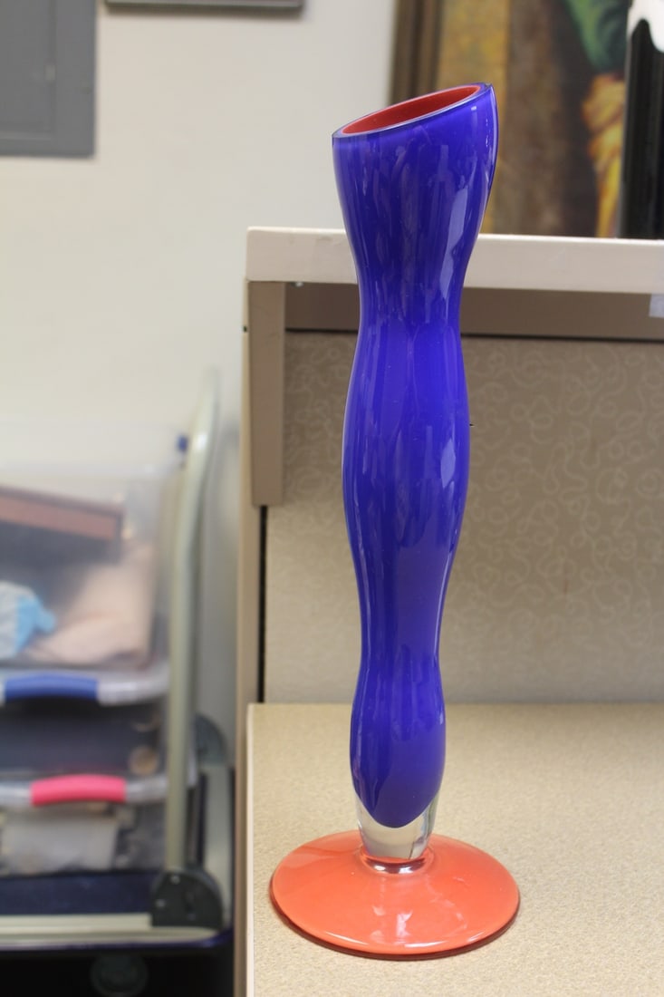 Signed Artglass Vase: mid century modern style - hand signature - 15 1/2" tall