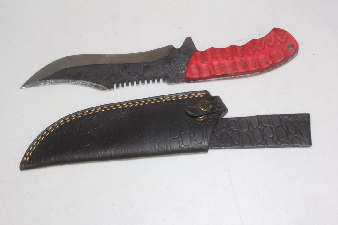 Damascus Steel Knife: 13" long with leather sheath