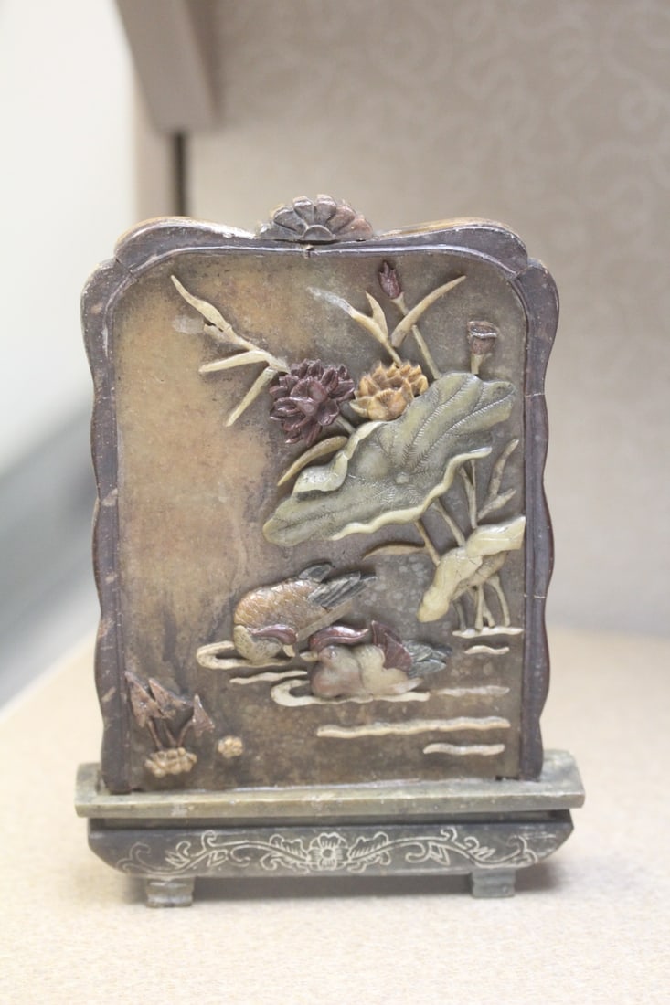Vintage Chinese Soapstone Plaque: well carved - 6 3/4" tall - please note: some minor losses