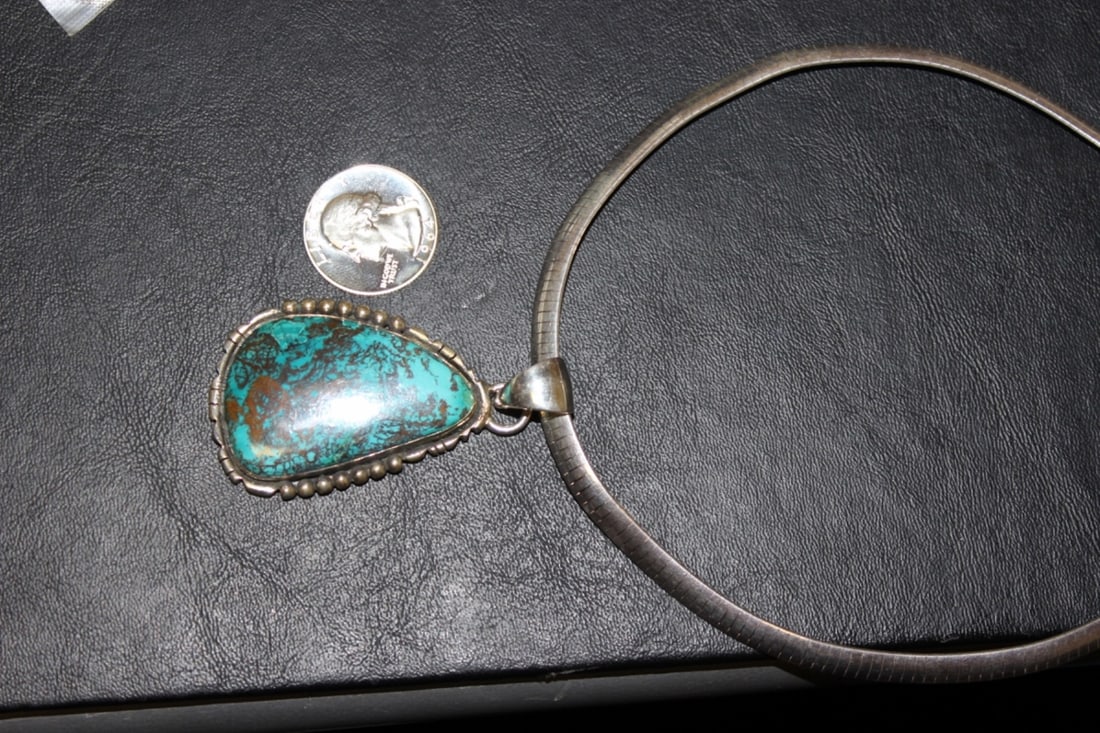 Large Torquise and Sterling Pendant and Necklace: Pendant only = 2” in diameter not including the bale