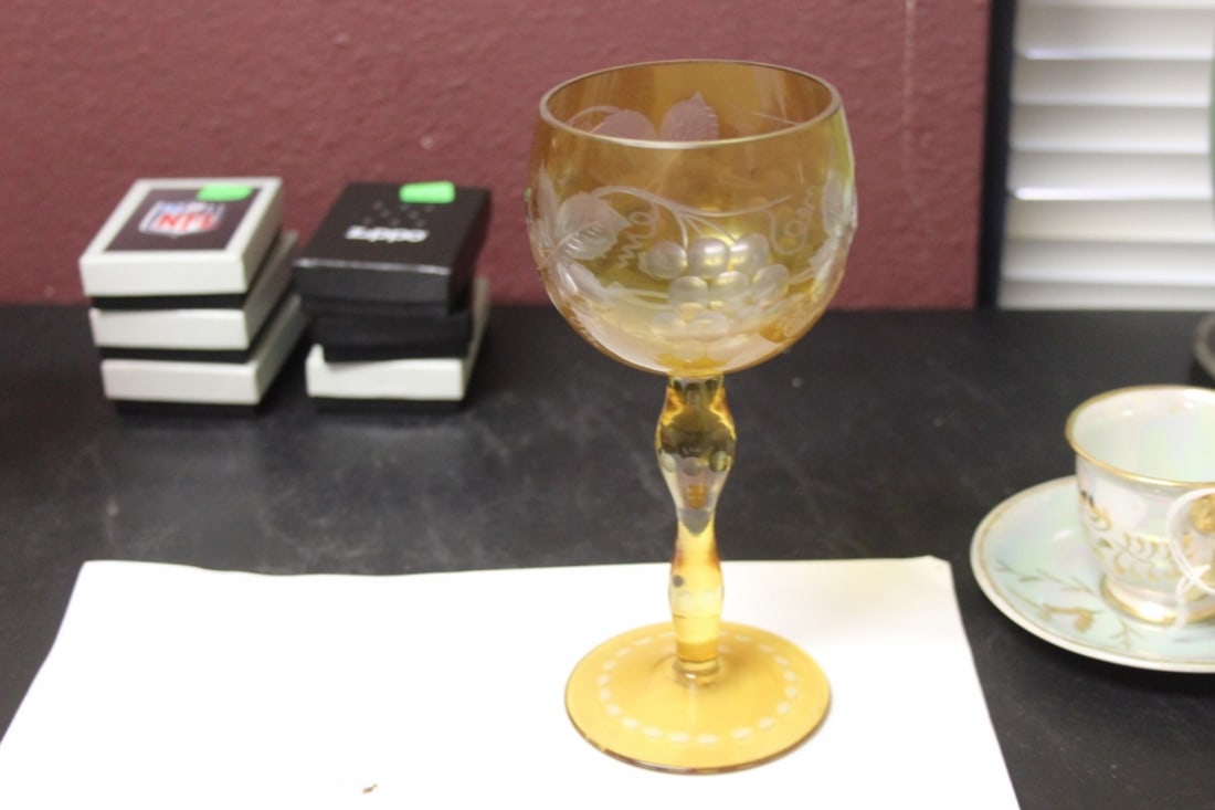 A Cut Glass Amber Glass Goblet: Nicely done - 7" tall