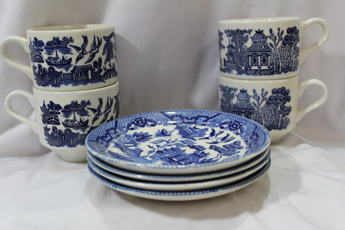 Antique Blue And White Canton Cups And Saucers: 4 pairs, however, they are not original to each other, they are marriages - cups= 2 7/8" tall