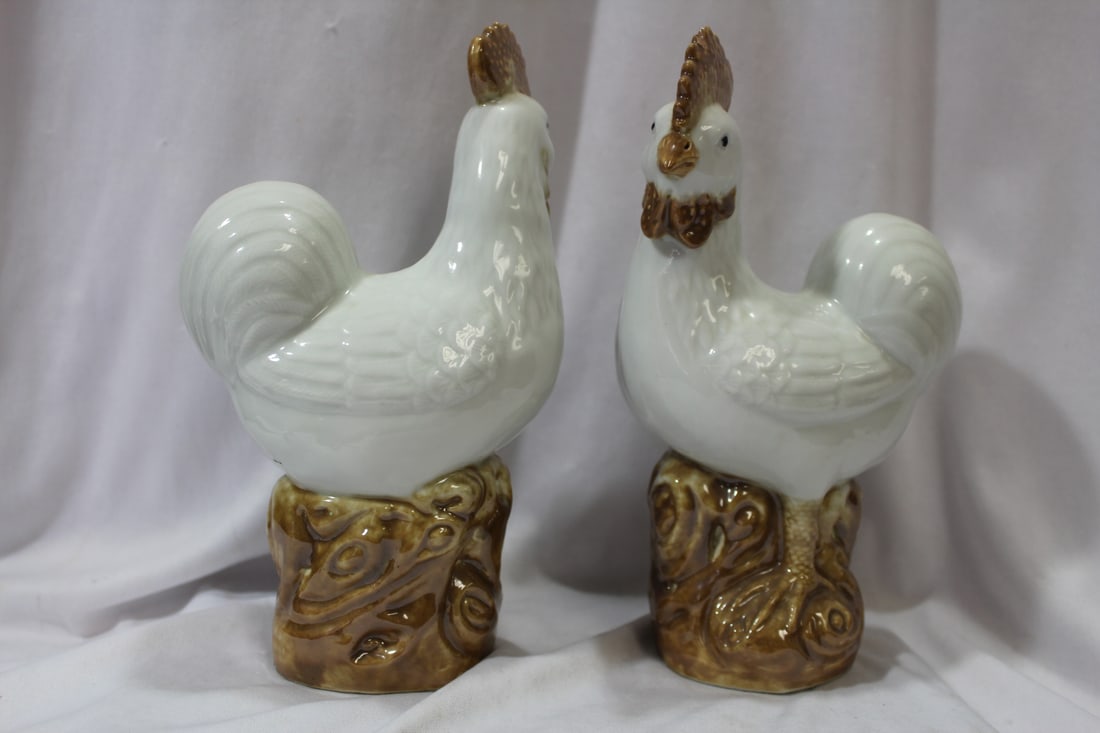 A Pair of Chinese Porcelain Chickens: please note= one comb chip colored as shown - 8 1/2" tall