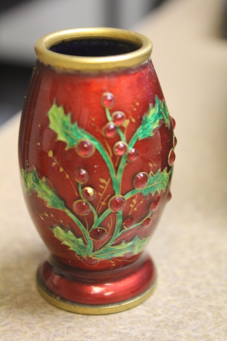 Small Enamel on Copper Vase: or holder - 2 1/2" tall