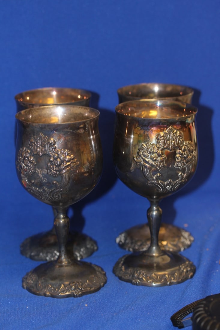 Set of 4 Reed and Barton King Francis Goblets: water or wine - needs cleaning - rare - 6 1/2" tall - all silverplated