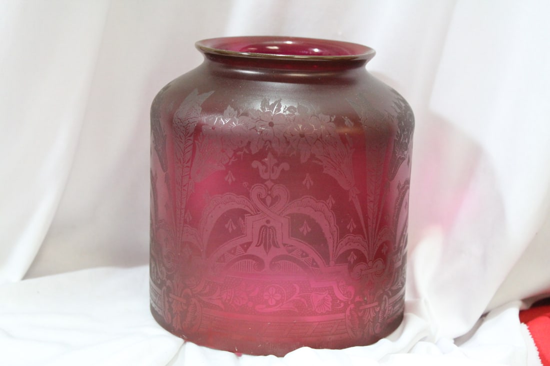 A Cranberry Etched Glass Shade: rare - nice lamp shade - 6 1/4" tall