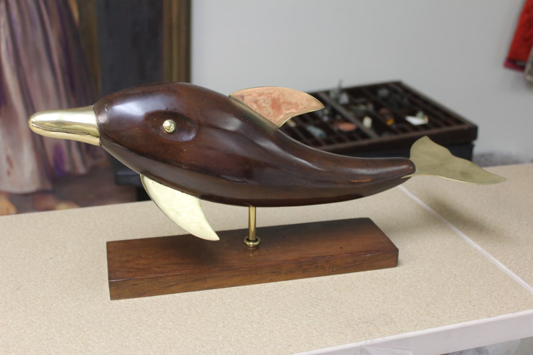 Exotic Wood Carved Dolphin: on stand - 17 1/2" across - nicely done